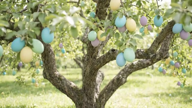 Delicate pastel easter eggs decorate the lush green branches of a fruit tree, symbolizing spring, renewal, and traditional holiday celebrations in an outdoor garden setting