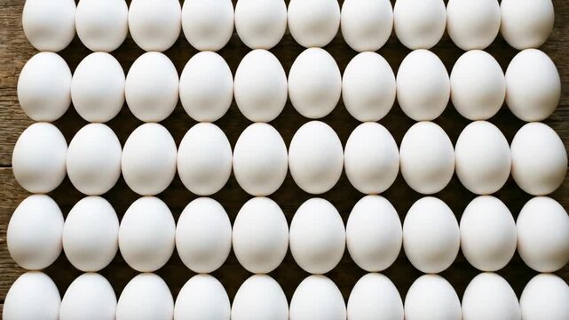 White eggs forming a perfect grid pattern on a rustic wooden surface, highlighting raw culinary ingredients and healthy protein for cooking and baking