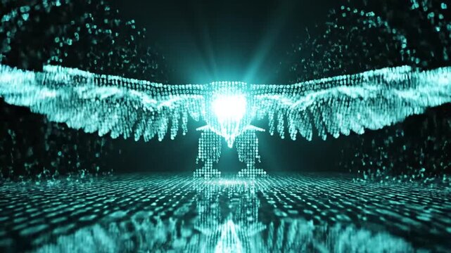A digital eagle created from binary code, glowing teal against a dark background, reflecting below