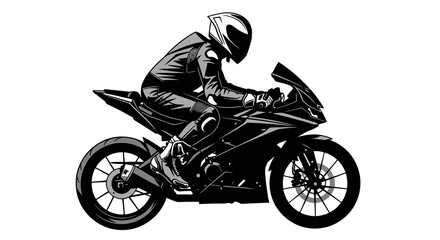 A stylized illustration of a motorcyclist in racing gear riding a sportbike depicted in black and white © arfanah02