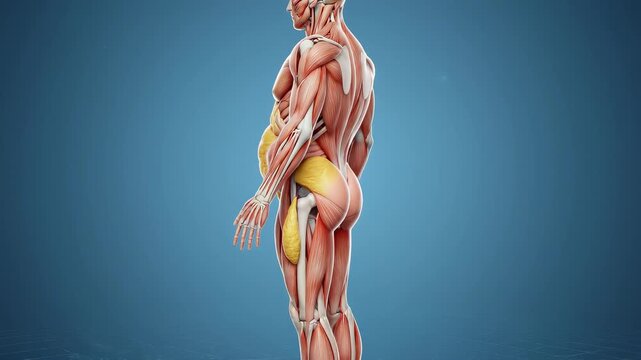 Medical illustration of male human anatomy with visible excess fat. Overweight and obesity concept. Health issues and body fat distribution problem for education. Weight loss. 3D visualization.