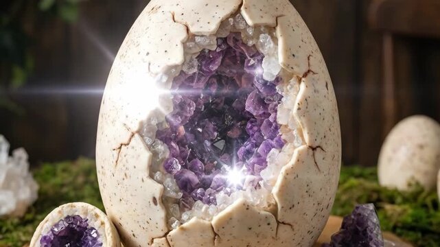 Amethyst geode egg, a unique display piece, is cracking open on a wooden slice and moss, revealing a cave of vibrant purple crystals, surrounded by other smaller mineral formations
