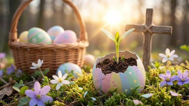 Easter eggs in a woven basket beside a wooden cross and a cracked eggshell with a green seedling, symbolizing resurrection, renewal and springtime hope and growth