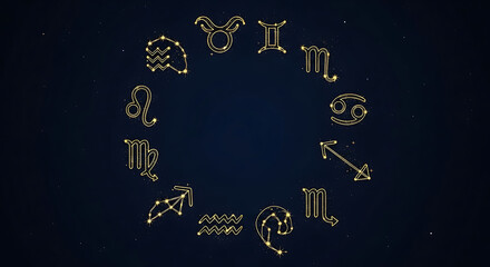 Fototapeta premium Zodiac Signs Symbols Circle on Dark Background