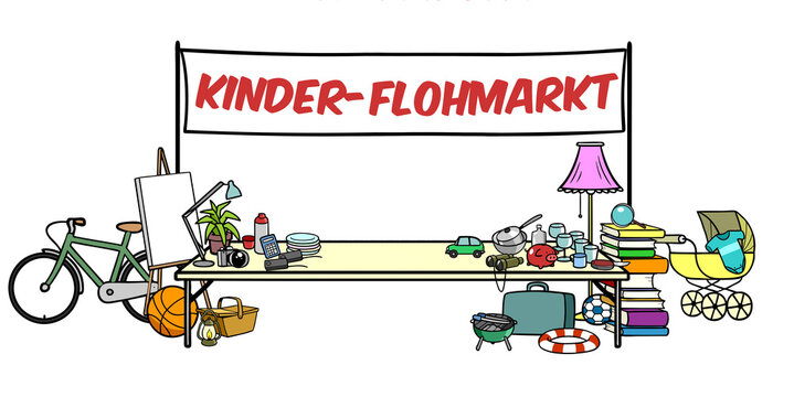 Tr&ouml;del auf Tisch mit Ank&uuml;digung zu Kinder-Flohmarkt