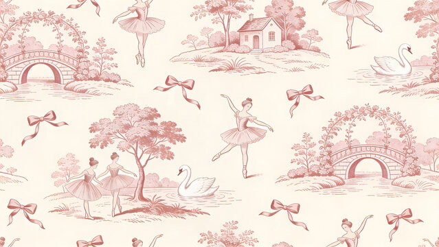 Vintage Pink Ballet Seamless Pattern With Ballerinas Swans And Bows