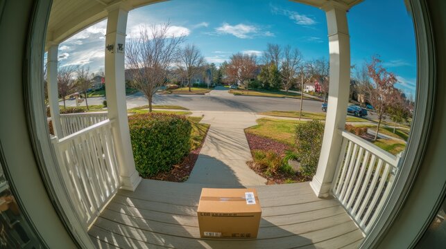 lonely porch with package awaiting pickup near railing and mat, distant street and trimmed hedges visible isolated cardboard box evokes anticipation and quiet residential scene during early day