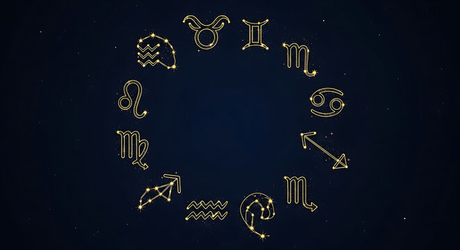Zodiac Signs Symbols Circle on Dark Background