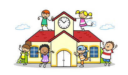 Viele Kinder spielen zusammen vor Schule oder Kirche © Robert Kneschke