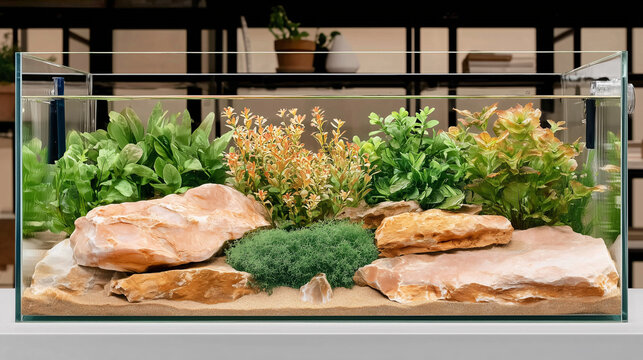 A clear terrarium with rockscape and plants, a carefully arranged miniature landscape under glass, ideal for interior decor and floristry showcase.