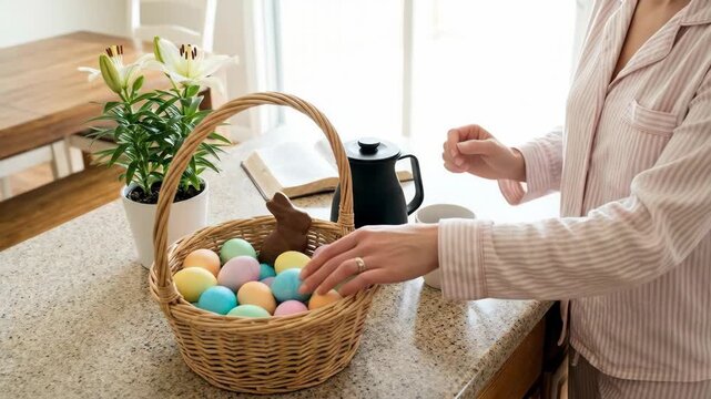 Woman in pajamas pours coffee into a mug beside a spring easter basket of colorful eggs, chocolate bunny, bible and lilies on a bright kitchen counter, peaceful holiday morning