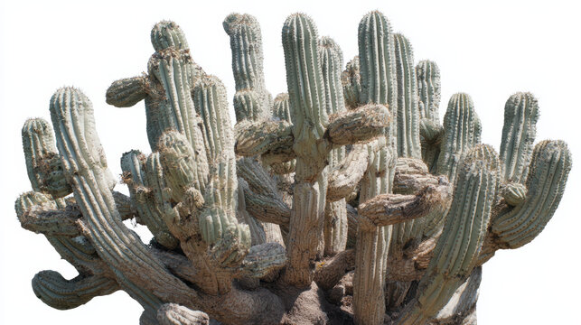 Large multiarm cactus cluster with textured ribbed stems and spines studio style isolated white background, rugged desert plant with dramatic form