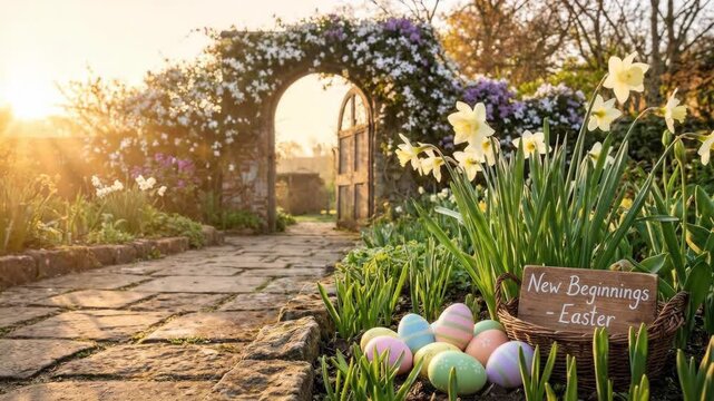 Sunlit garden path through a stone arch draped in clematis and spring blooms, with a basket of colorful easter eggs and a wooden new beginnings sign in the foreground