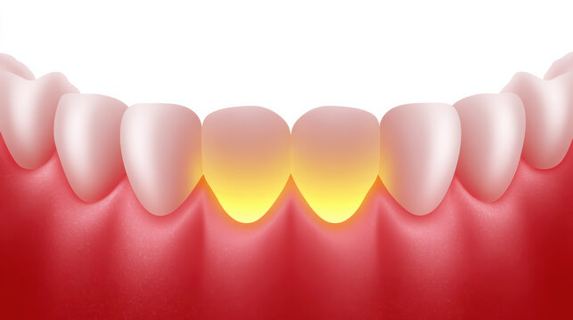 Yellow stained lower front tooth illustration showing gum inflammation and dental plaque buildup