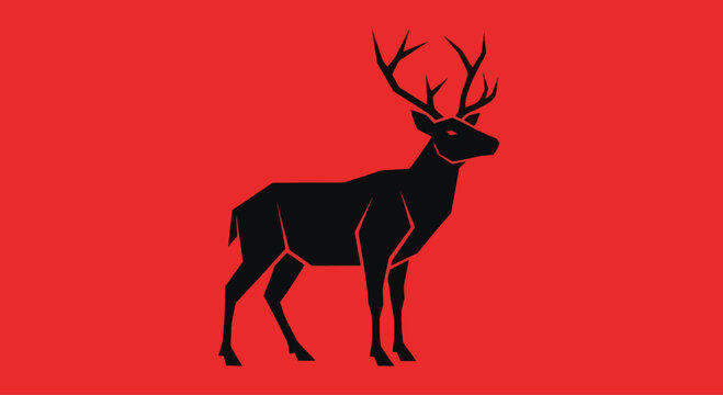 Stylized Black Stag Silhouette on Red Background, Minimalist Wildlife Art
