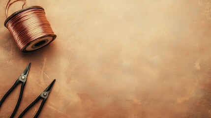 copper wire spool and pliers arranged on warm textured background with leftaligned composition and ample copy space ideal for advertising, DIY tutorials, jewelry making, repair projects, rustic