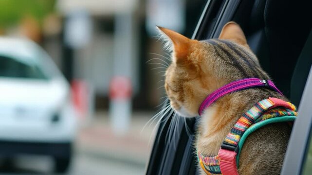 Curious cat enjoys car ride with colorful harness on urban journey