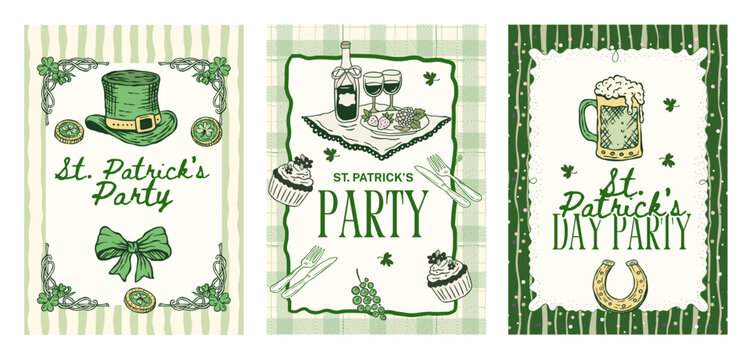 Patrick Party Invitation Greeting Card Poster Flyer Set Collection Vector Vintage Handdrawn Hat Bow Coins Shamrock
