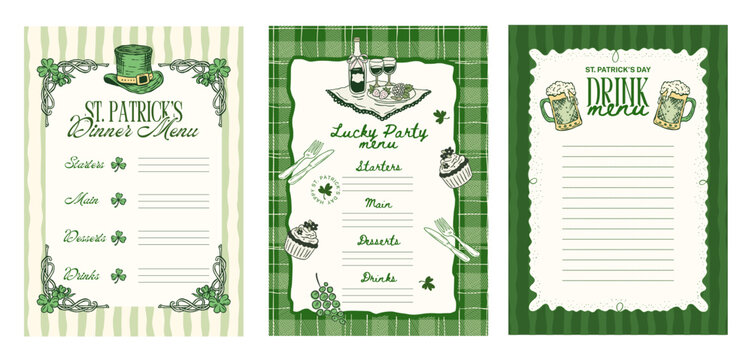 Patricks Day Menu Template Vector Set Collection Vintage Dinner Special For Restaurant Cafe Pub