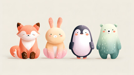 Obraz premium Kawaii Seasonal Animals Collection, Minimalist Chibi Fox Bunny Penguin and Bear with Soft Gradient Texture