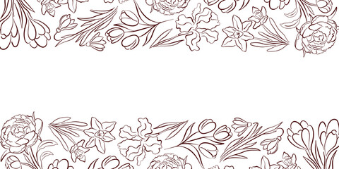 Floral border pattern with line art style flower and leaf. Illustration background for wedding invitation, greeting card and elegant textile design.