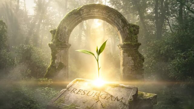 Sprout emerging from a cracked stone tablet inscribed with resurgam in a mystical, foggy forest with light rays shining through a moss-covered ancient stone archway, representing rebirth and renewal