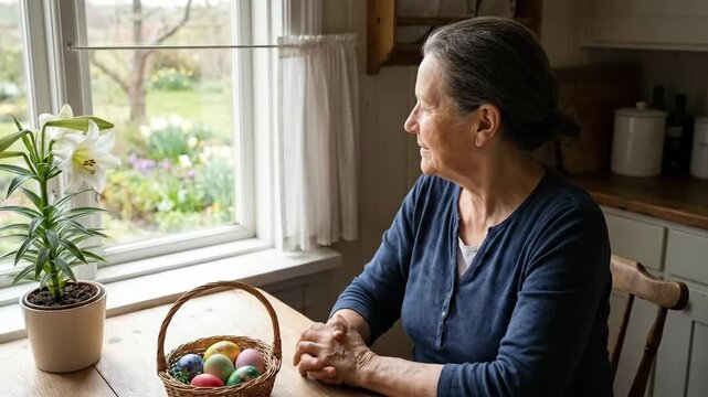 Senior woman with closed eyes and clasped hands sitting at a kitchen table. Deep in prayer next to a lily plant and a basket of colored easter eggs. Reflecting faith and meditation during the holiday