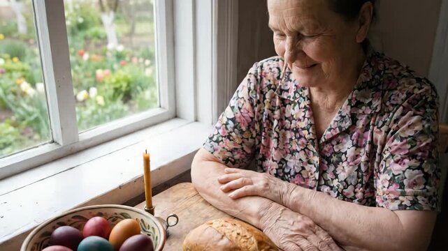 Elderly woman sitting at a rustic wooden table, praying with folded hands and closed eyes, celebrating easter with traditional colored eggs, bread, and a lit candle by a sunny spring window