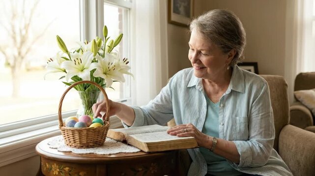 Senior woman sitting by a window, holding an open bible and looking reflective, surrounded by easter lilies and a basket of colored eggs, symbolizing faith and hope during the spring holiday