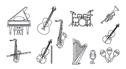 Musical Instruments Collection: Piano, Guitar, Saxophone, Violin, Drums, Trumpet, Harp © Suprax