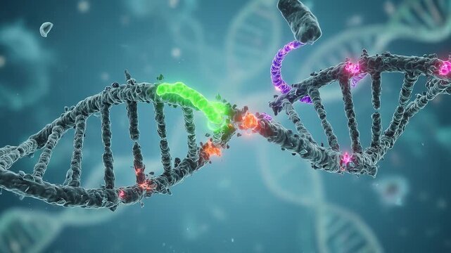 Broken DNA strand with glowing colorful fragments showing mutation or damage. Genetic engineering and medical research concept.