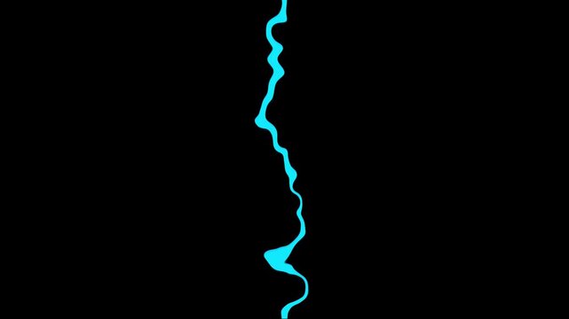 A single, thin, wavy line of bright cyan color rendered in a flat style against a stark black background, resembling a stylized lightning bolt or abstract organic form