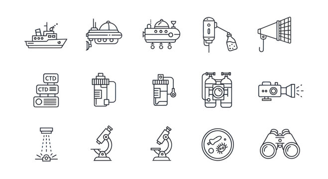 Oceanography Equipment Icons: Ship, Submarine, Microscope, Binoculars, CTD