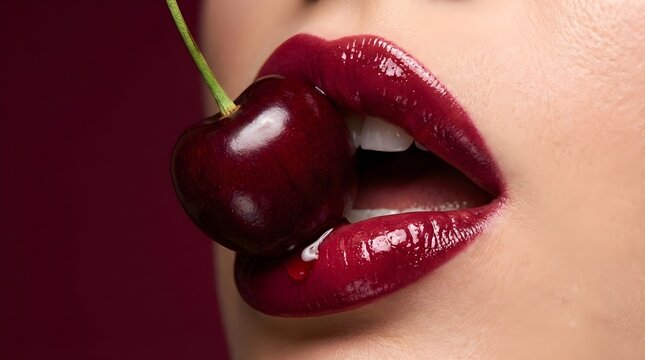 Close-up of a woman's lips with glossy crimson lipstick biting a ripe dark cherry with a stem. High-end commercial beauty and food photography showing realistic skin texture and juice drop.