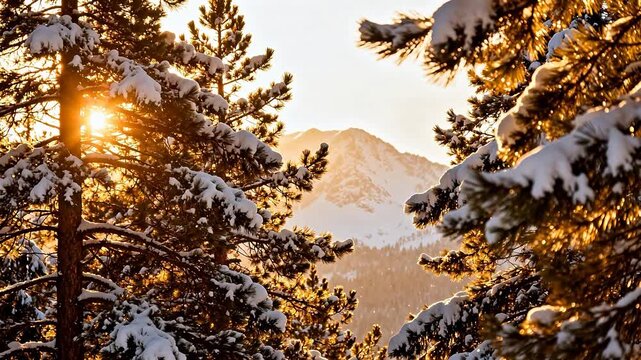 Snowy pine trees with mountain backdrop