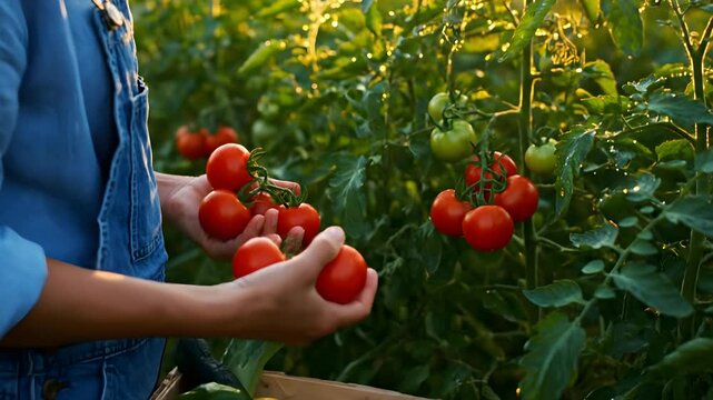 Hands harvesting fresh ripe red tomatoes from a lush green plant, perfect for organic farm marketing, healthy eating campaigns, and agricultural documentaries