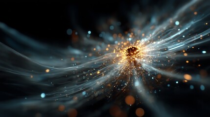 Glowing sphere of compressed golden particles explodes outward with fiber optic trails against dark fluid background, visualizing data transmission acceleration, energy release, and quantum network 