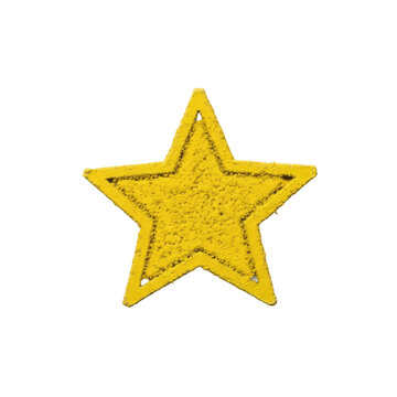 Ultra photorealistic shadowless flat lay macro of a vibrant safety yellow five-pointed star with rough, granular crayon texture on a pristine transparent background. Concept for commercial graphic