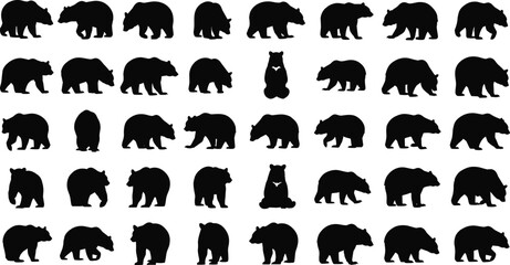 Black bear silhouettes set featuring grizzly, polar, and brown bears in walking, standing, and sitting poses for wildlife
