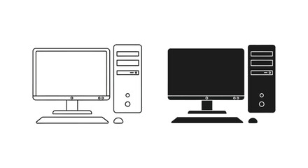 Simple black and white line drawing of a computer setup including monitor and tower high quality © arfanah02