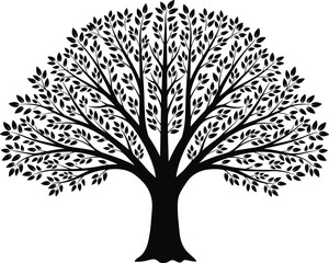 Fototapeta premium Black leafy tree silhouette with symmetrical branches and many small leaves, nature plant icon, botanical vecto