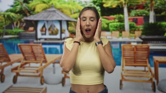 Woman hands on cheeks showing navel at pool gazebo with lounge chairs and cabana outdoors; surprise leisure vacation.