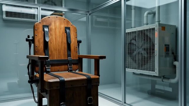 An old wooden electric chair stands alone in a modern execution chamber with glass walls and a ventilation system visible inside.