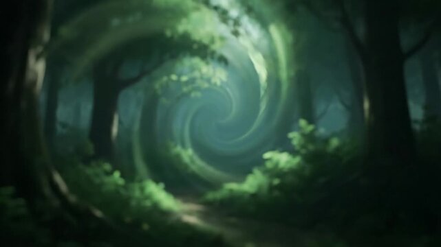 Abstract Natural Movement Showcase a fluid, ethereal swirling motion of forest elements, emphasizing the dynamic yet gentle flow. The movement should be mesmerizing and calming, devoid of any