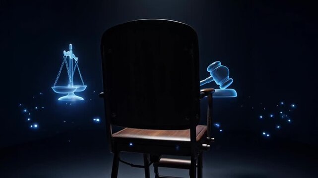 Cinematic view of an electric chair in a dark courtroom with glowing scales and gavel symbols