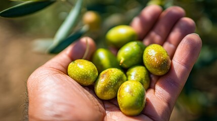 A hand is holding a bunch of green olives
