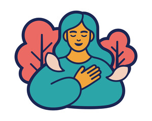 Naklejka premium Stylized illustration of a woman with eyes closed and hand on chest in peaceful nature setting