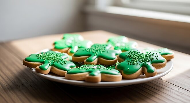 Delicious green shamrock cookies on a plate for St Patrick's Day.