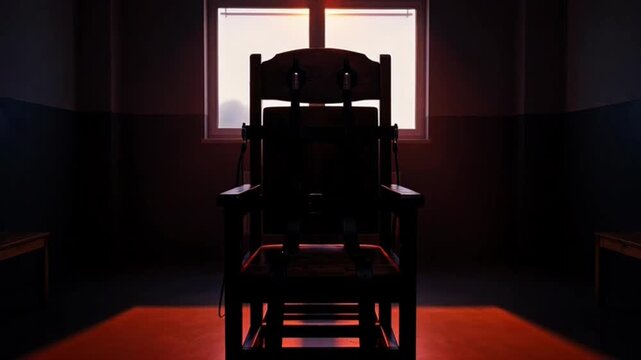 Cinematic view of an electric chair in a dimly lit execution room with a window, furniture, and eerie atmosphere