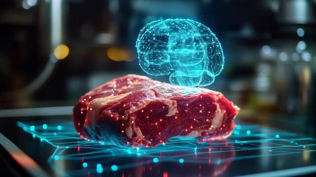 Futuristic holographic scan of raw meat analyzing quality and nutrients in hightech kitchen